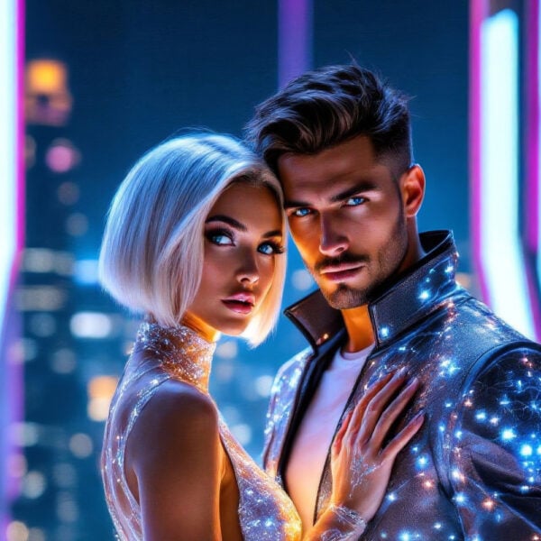 AI Future Fashion portrait featuring futuristic clothing and avant-garde cyberpunk aesthetics.