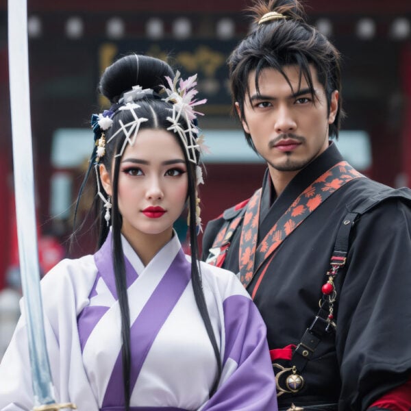 AI samurai warrior portrait, showcasing a fierce samurai in traditional armor, standing proudly on a battlefield with a Japanese village backdrop.