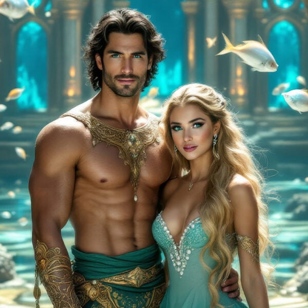 UnderWater02 AI underwater portrait, featuring an AI Mermaid surrounded by vibrant fish, with a magical ocean background that highlights the beauty of underwater royalty AI.