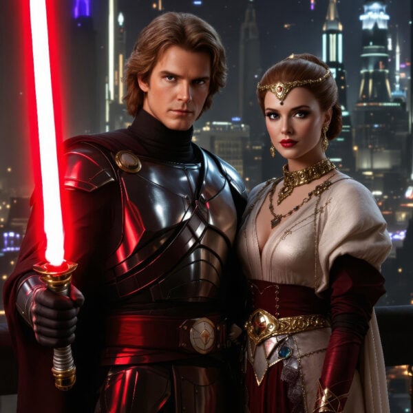 Retrato estelar generado por IA de un explorador galáctico en un entorno espacial futurista, de pie frente a un paisaje cósmico con estrellas y galaxias lejanas.