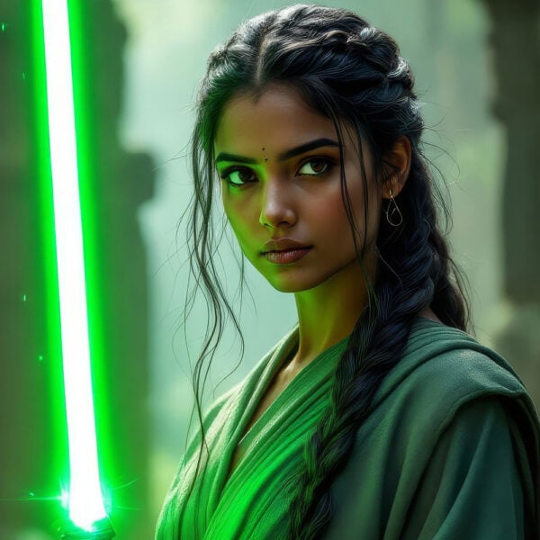 Retrato estelar generado por IA de un explorador galáctico en un entorno espacial futurista, de pie frente a un paisaje cósmico con estrellas y galaxias lejanas.