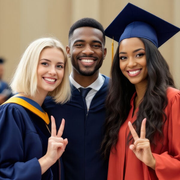 AI graduate portrait featuring a proud graduate in cap and gown, celebrating academic achievement with a vibrant graduation day AI background.