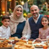 AI Ramadan portrait featuring a family gathered around the Iftar dinner table, surrounded by Ramadan lights and festive decorations.