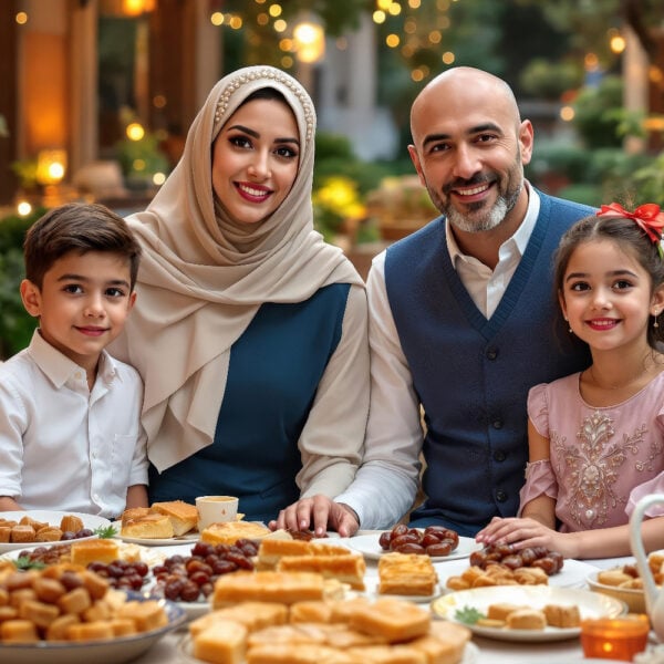 AI Ramadan portrait featuring a family gathered around the Iftar dinner table, surrounded by Ramadan lights and festive decorations.