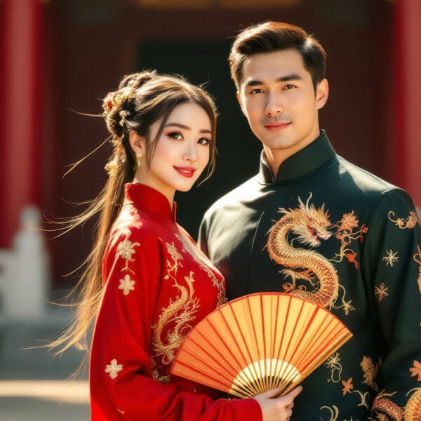 AI China Street portrait, showcasing a vibrant scene with traditional Chinese fashion and city street life set against a bustling Chinese cityscape.