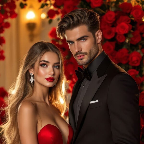 Valentines_Day_05 AI romantic couple portrait, capturing the essence of Valentine's Day romance, with elegant backdrops like roses, romantic dinners, and more.