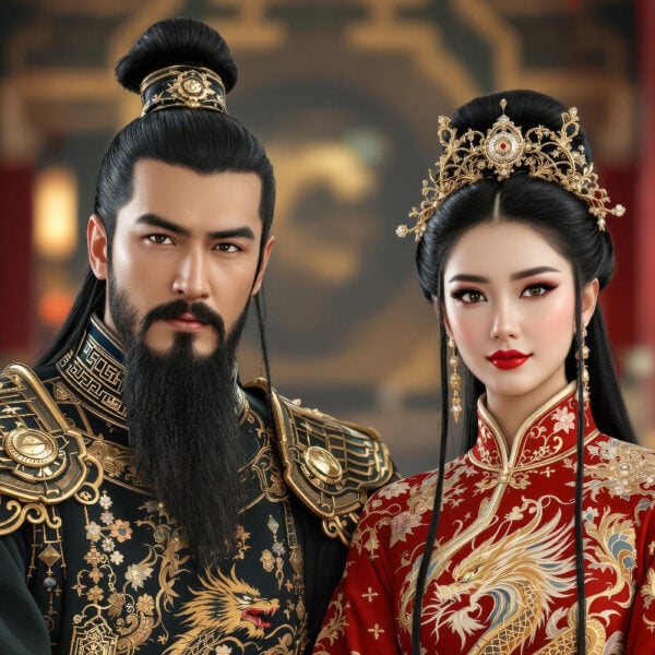 sample.jpeg AI Chinese Emperor portrait, showcasing a regal figure in traditional Chinese royal attire, seated against a majestic imperial palace backdrop.