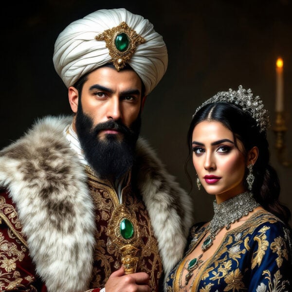 Portrait de l'Empire ottoman réalisé par IA représentant un sultan ottoman majestueux vêtu d'un costume royal traditionnel, assis sur un trône médiéval avec en arrière-plan un élégant palais ottoman.
