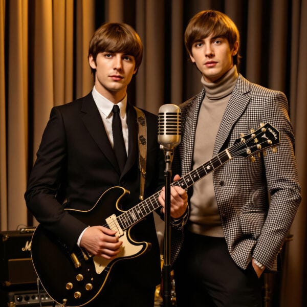 Ritratti di moda degli anni '60 generati dall'intelligenza artificiale e foto ispirate all'era dei Beatles, che mostrano gli stili iconici degli anni '60 e immagini vintage degli anni '60 generate dall'intelligenza artificiale.