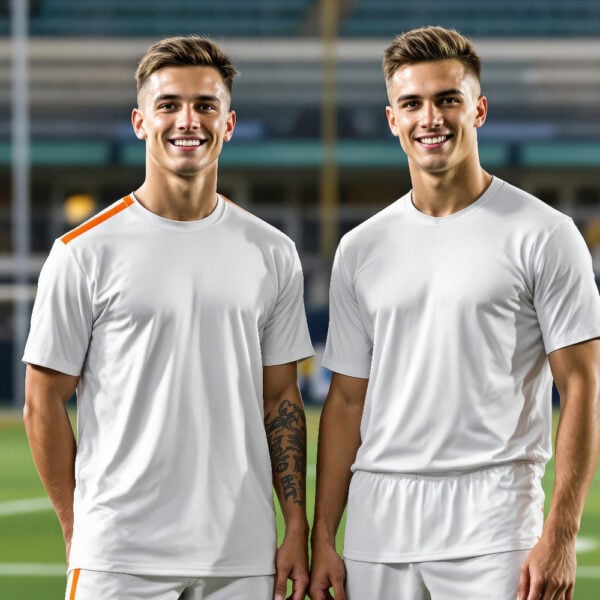 Jugadores de fútbol de IA en acción, con atletas individuales y equipos mixtos en poses dinámicas en el campo de fútbol.