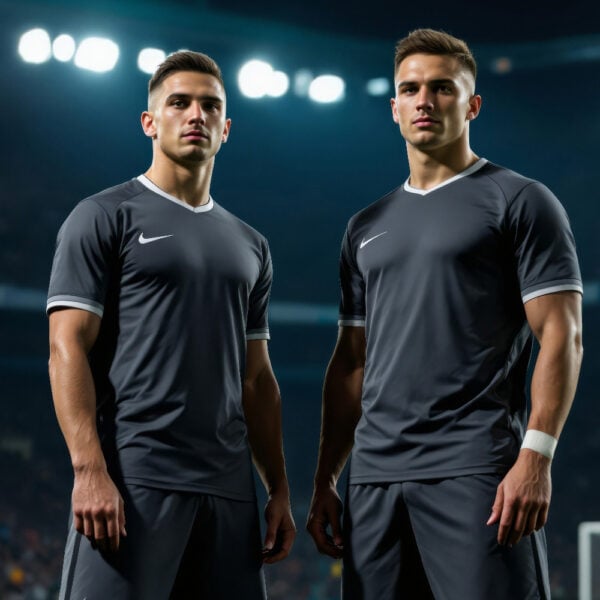 Giocatori di calcio AI in azione, con atleti singoli e squadre miste in pose dinamiche sul campo da calcio.