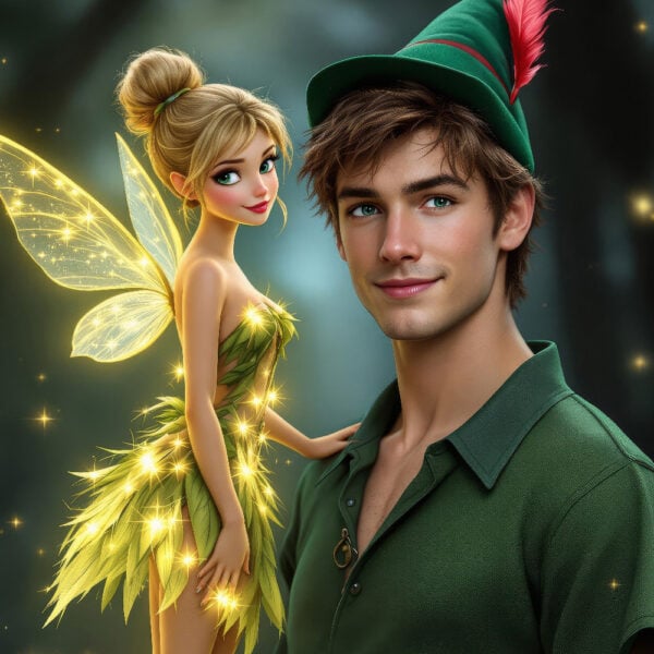 KI-Märchenporträts von Prinzessinnen und Prinzen, die mithilfe von KI-Technologie magische Figuren in ikonischen Kostümen zeigen.