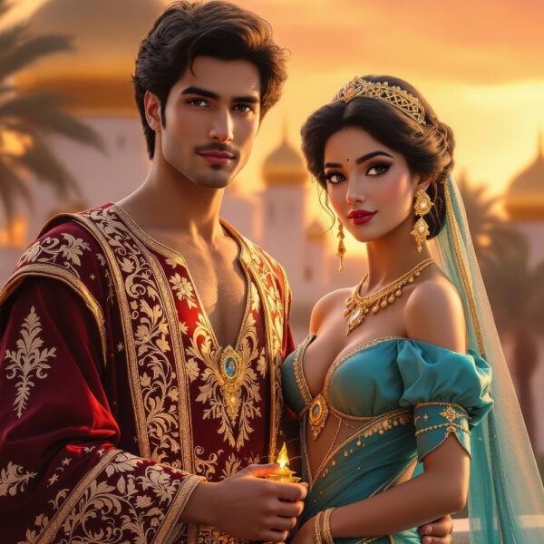 AI Orient Tales ritrae Aladino, Le mille e una notte e altre leggende orientali, con paesaggi mistici e personaggi magici come geni e figure reali.