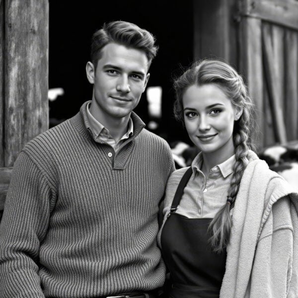AI portrait of a traditional European farmer, dressed in classic farming attire, working in the fields with farming tools.