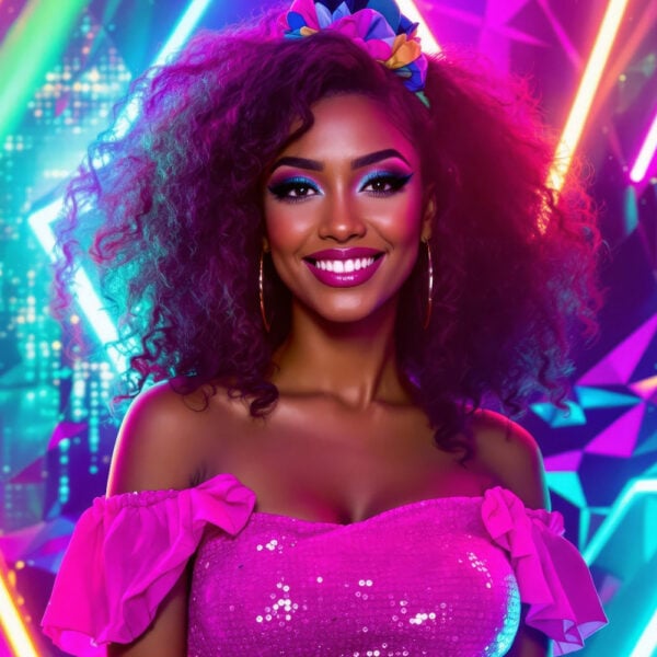 A glamorous woman dancing at a disco in AI 1980s fashion with a shiny pink jumpsuit and teased hair.