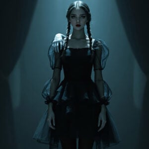 AI-generated gothic female student portrait inspired by Nevermore School aesthetic