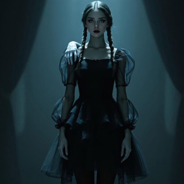 KI-generiertes gotisches Porträt einer Schülerin, inspiriert von der Ästhetik der Nevermore School