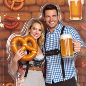Photorealistic portraits of men, women, couples, and children in Oktoberfest outfits inside collectible blister packaging, AI Oktoberfest Blister Collection.