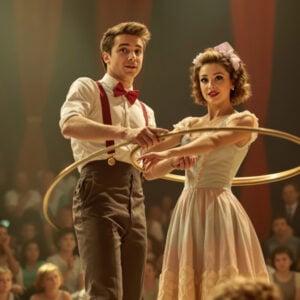 AI Circus portrait of vintage trapeze and strongman performers with clear faces