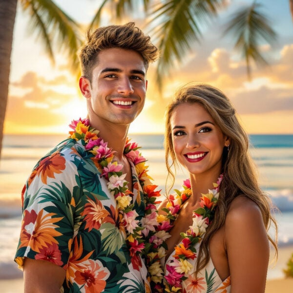 KI Hawaii-Porträt einer Person in Aloha-Kleidung, die an einem tropischen Strand mit Palmen steht