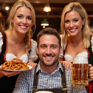A smiling woman in traditional dirndl holding beer mugs at a festive Oktoberfest 2025 celebration, looking directly at the camera.