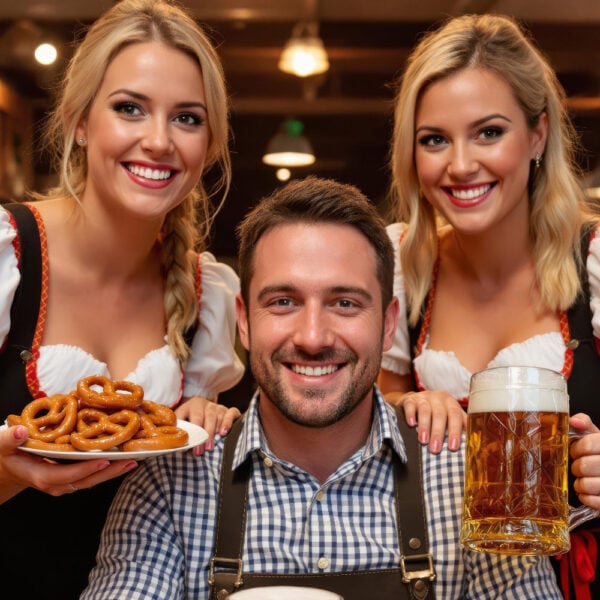 Una donna sorridente in costume tradizionale dirndl con in mano dei boccali di birra durante i festeggiamenti dell'Oktoberfest 2025, che guarda direttamente nella fotocamera.