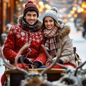 AI Winter Wonderland portrait of a person in a snowy forest with reindeer sleigh