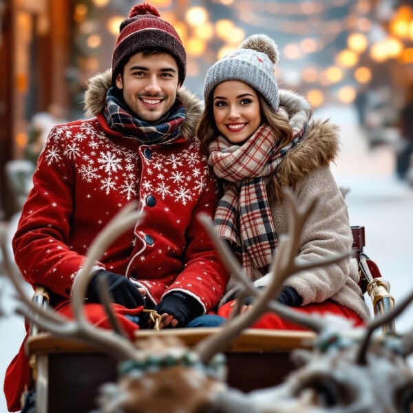AI Winter Wonderland Porträt einer Person in einem verschneiten Wald mit Rentierschlitten