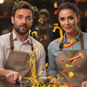 AI cooking competition portrait of two contestants tossing food mid-air in a Jamie Oliver–style studio kitchen, rustic counters and warm stage lights in the background.