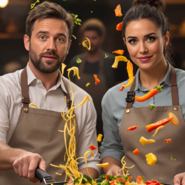 Porträt zweier Teilnehmer eines KI-Kochwettbewerbs, die in einer Studioküche im Stil von Jamie Oliver Lebensmittel in die Luft werfen, mit rustikalen Arbeitsflächen und warmer Bühnenbeleuchtung im Hintergrund.