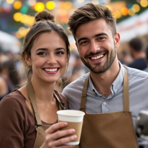 AI Coffee Festival portraits of two baristas working side by side at a specialty coffee stand.
