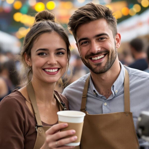 AI Coffee Festival Porträts von zwei Baristas, die Seite an Seite an einem Spezialitätenkaffee-Stand arbeiten.