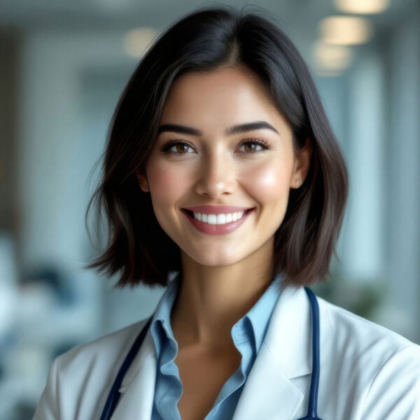 Helles Porträt einer jungen Ärztin in einem weißen Kittel, die in einem modernen Krankenhausflur in die Kamera blickt.