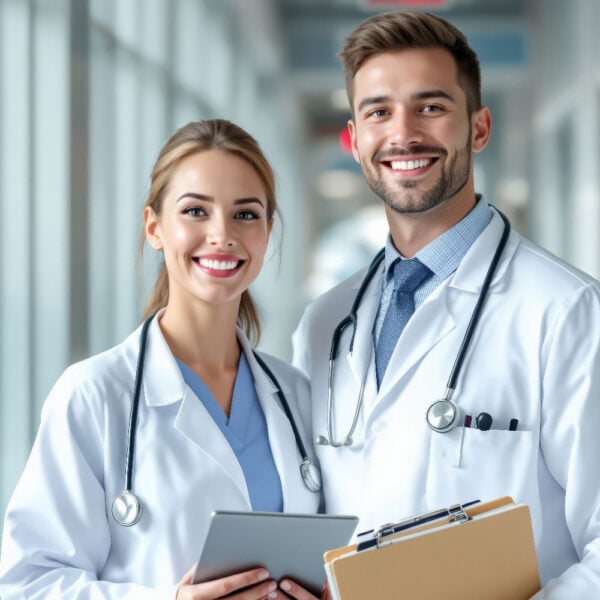 Helles Porträt einer jungen Ärztin in einem weißen Kittel, die in einem modernen Krankenhausflur in die Kamera blickt.